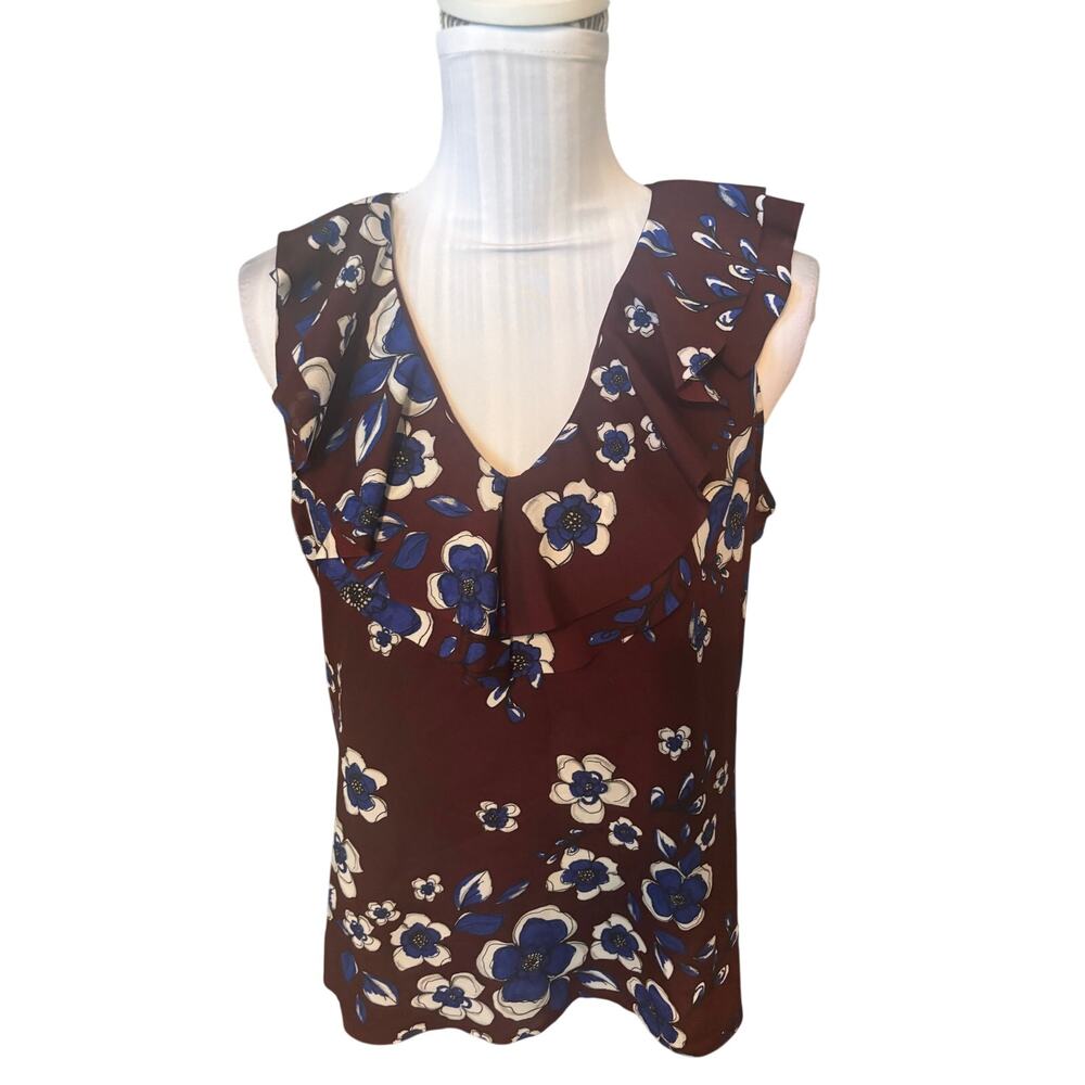 Banana Republic Brown & Blue Floral Print Ruffled Blouse Size M